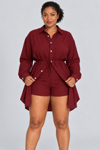 Ensemble 2 pièces surdimensionné chemise boutonnée et short pour femme, taille élastique avec cordon de serrage, style barboteuse/combinaison