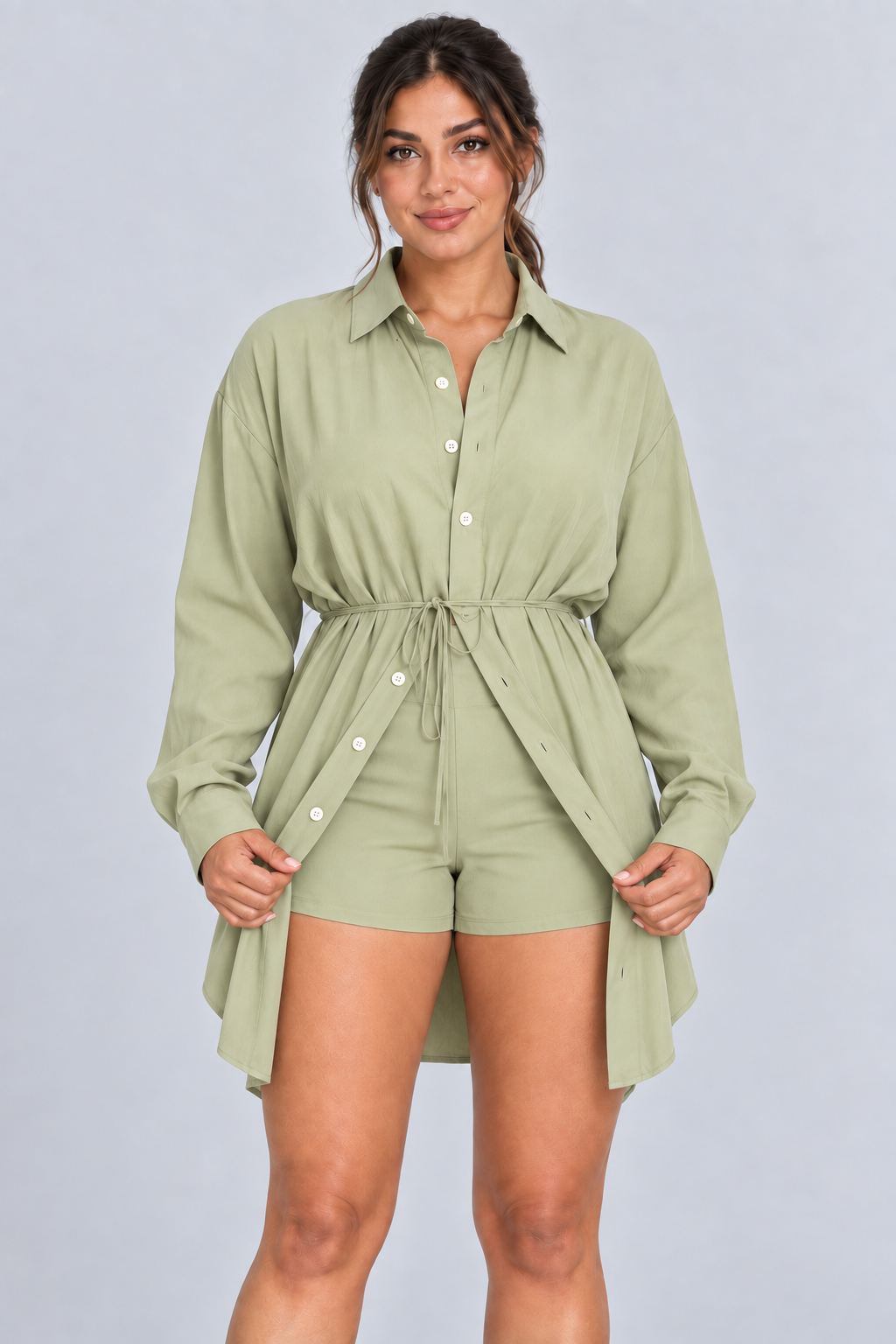 Ensemble 2 pièces surdimensionné chemise boutonnée et short pour femme, taille élastique avec cordon de serrage, style barboteuse/combinaison