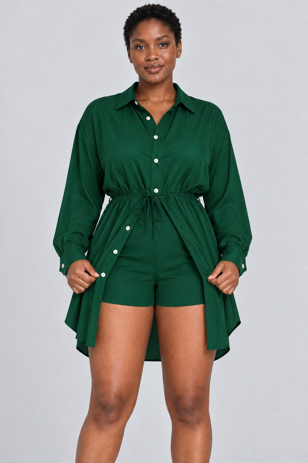 Ensemble 2 pièces surdimensionné chemise boutonnée et short pour femme, taille élastique avec cordon de serrage, style barboteuse/combinaison