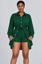 Ensemble 2 pièces surdimensionné chemise boutonnée et short pour femme, taille élastique avec cordon de serrage, style barboteuse/combinaison