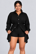 Ensemble 2 pièces surdimensionné chemise boutonnée et short pour femme, taille élastique avec cordon de serrage, style barboteuse/combinaison