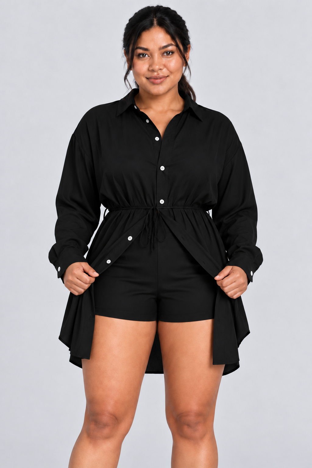 Ensemble 2 pièces surdimensionné chemise boutonnée et short pour femme, taille élastique avec cordon de serrage, style barboteuse/combinaison