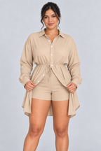Ensemble 2 pièces surdimensionné chemise boutonnée et short pour femme, taille élastique avec cordon de serrage, style barboteuse/combinaison