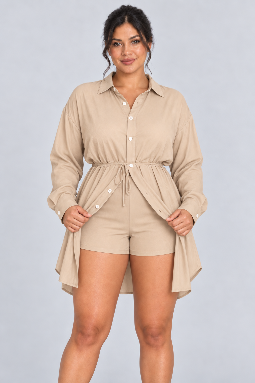 Ensemble 2 pièces surdimensionné chemise boutonnée et short pour femme, taille élastique avec cordon de serrage, style barboteuse/combinaison