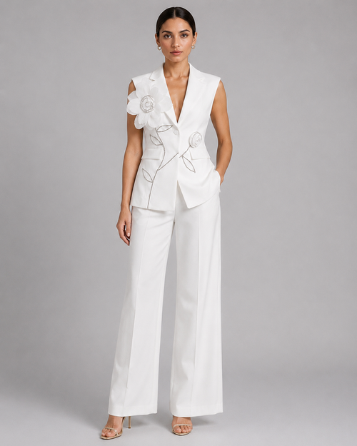 2-Piece White Bridal Co-ord Set - Sleeveless V-Neck Blazer Vest & Wide-Leg Trousers with Flower Embroidery - Luxxella