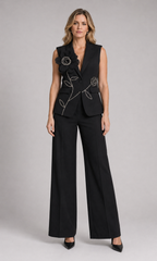 2-Piece White Bridal Co-ord Set - Sleeveless V-Neck Blazer Vest & Wide-Leg Trousers with Flower Embroidery