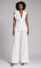 2-Piece White Bridal Co-ord Set - Sleeveless V-Neck Blazer Vest & Wide-Leg Trousers with Flower Embroidery