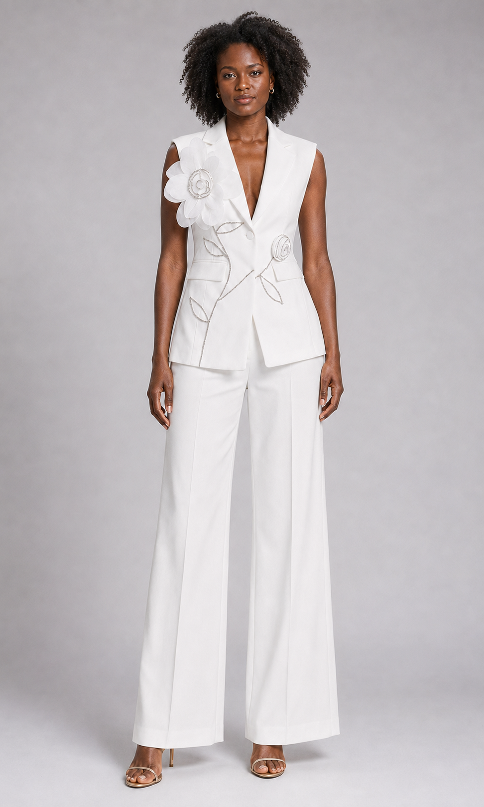 2-Piece White Bridal Co-ord Set - Sleeveless V-Neck Blazer Vest & Wide-Leg Trousers with Flower Embroidery