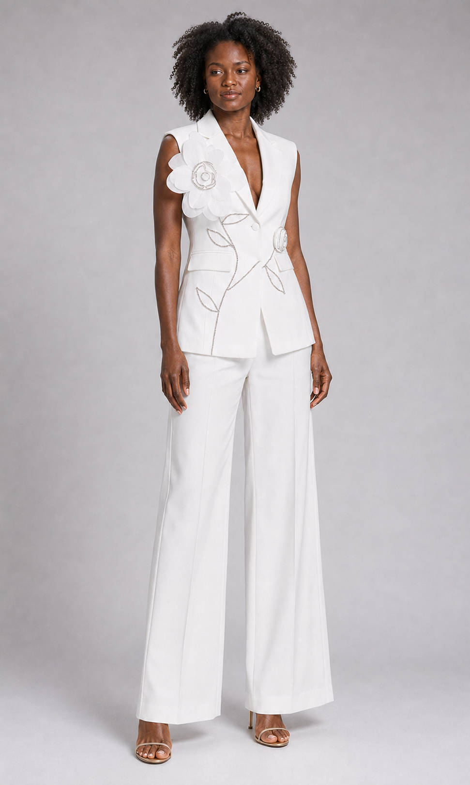 2-Piece White Bridal Co-ord Set - Sleeveless V-Neck Blazer Vest & Wide-Leg Trousers with Flower Embroidery