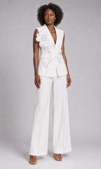 2-Piece White Bridal Co-ord Set - Sleeveless V-Neck Blazer Vest & Wide-Leg Trousers with Flower Embroidery