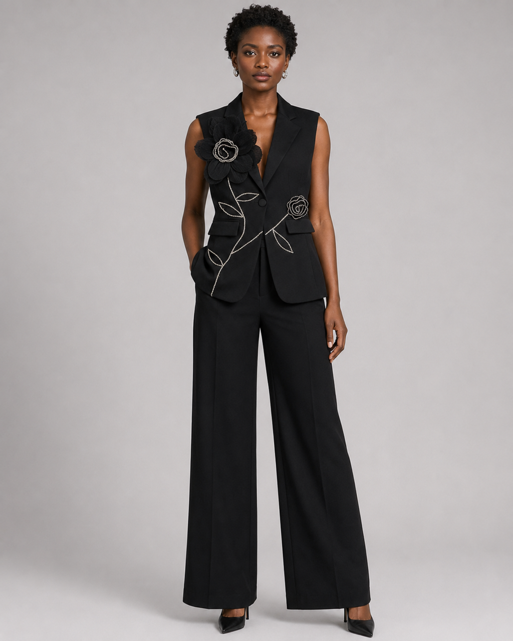 2-Piece White Bridal Co-ord Set - Sleeveless V-Neck Blazer Vest & Wide-Leg Trousers with Flower Embroidery