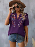 Floral Embroidered Blouse – Short Sleeve V Neck Summer Top - Luxxella