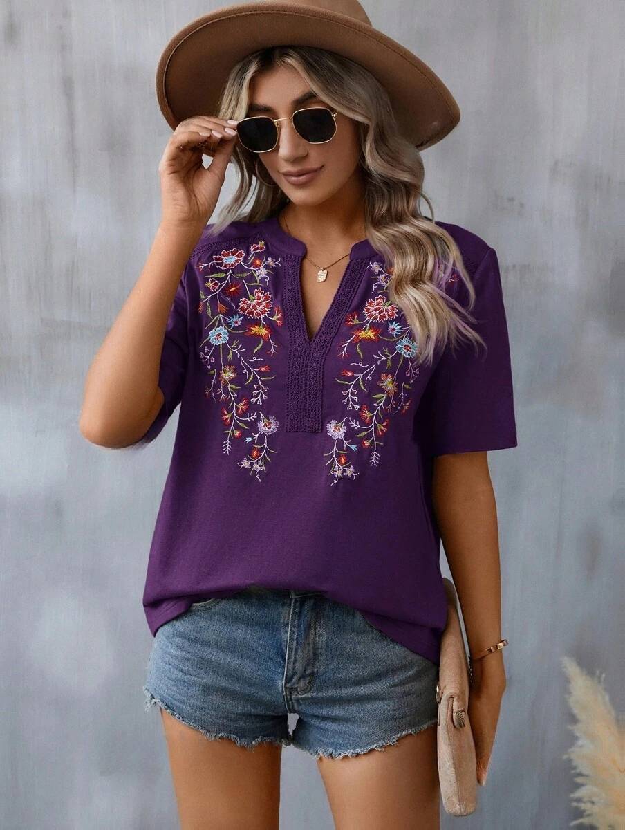Floral Embroidered Blouse – Short Sleeve V Neck Summer Top - Luxxella