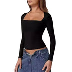 Square Neck Long Sleeve Slim Fit Pullover T‑Shirt