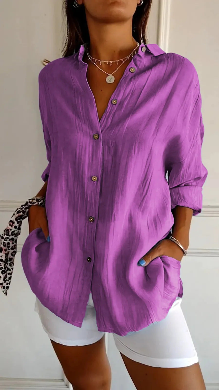 Pleated Long-Sleeve Shirt – Single-Breasted Lapel Top