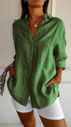 Pleated Long-Sleeve Shirt – Single-Breasted Lapel Top - Luxxella