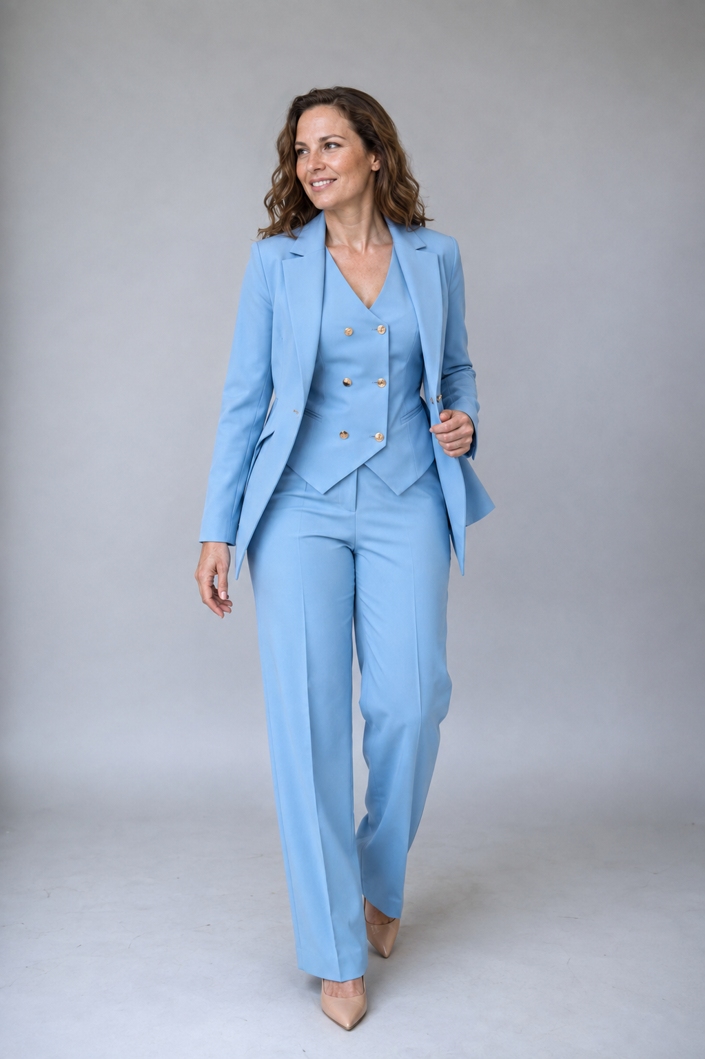 Damen-Hosenanzug 3-teilig aus Polyester — Zweireiher-Blazer, Weste und Hose