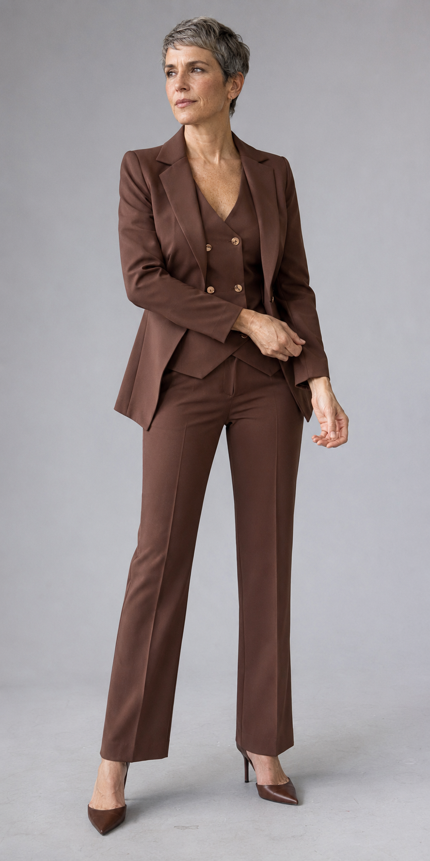 Damen-Hosenanzug 3-teilig aus Polyester — Zweireiher-Blazer, Weste und Hose
