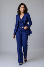 Damen-Hosenanzug 3-teilig aus Polyester — Zweireiher-Blazer, Weste und Hose