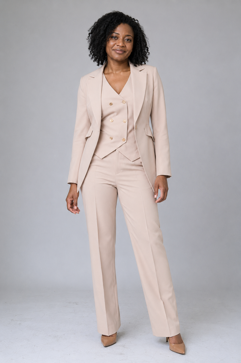 Damen-Hosenanzug 3-teilig aus Polyester — Zweireiher-Blazer, Weste und Hose
