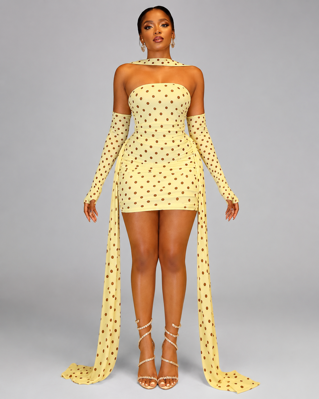 Women's 3-Piece Polka Dot Mesh Mini Dress Set - Strapless Bodycon Tube Dress