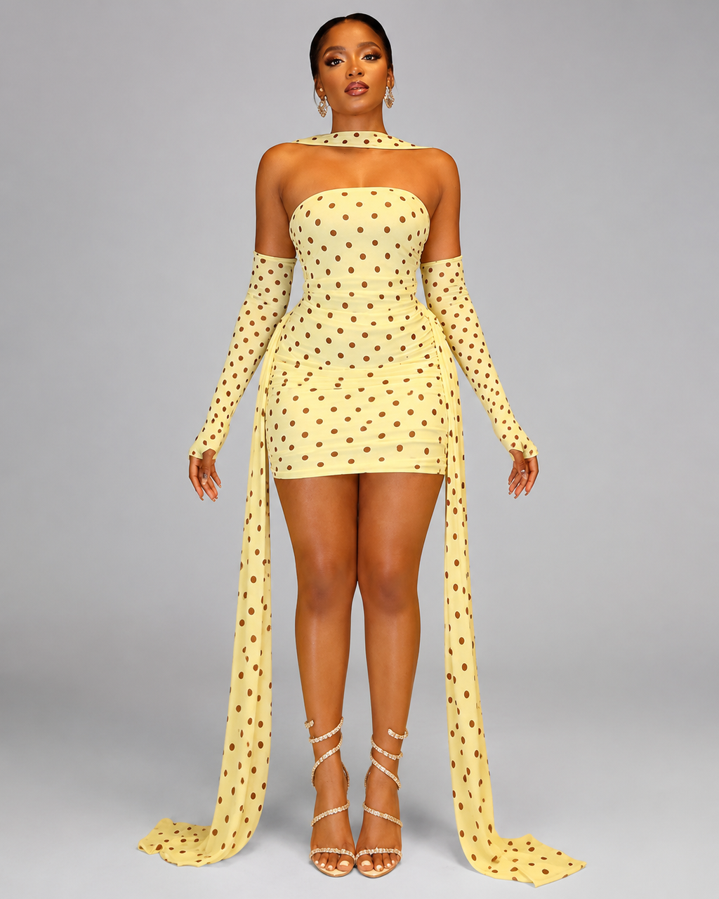 Women's 3-Piece Polka Dot Mesh Mini Dress Set - Strapless Bodycon Tube Dress