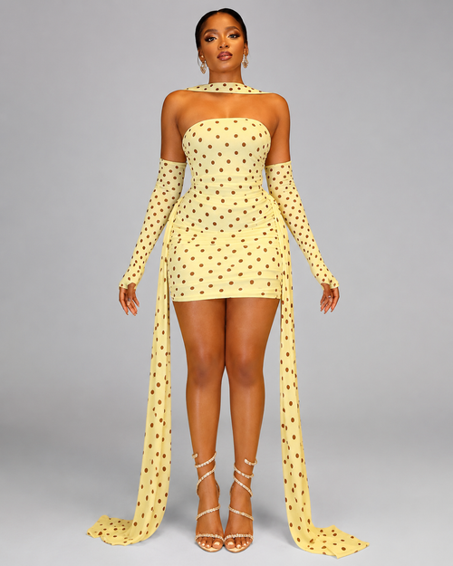 3-Piece Polka Dot Mesh Mini Dress Set - Strapless Bodycon Tube Dress With Matching Sleeves And Choker Neckband - Luxxella