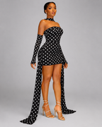3-Piece Polka Dot Mesh Mini Dress Set - Strapless Bodycon Tube Dress With Matching Sleeves And Choker Neckband - Luxxella