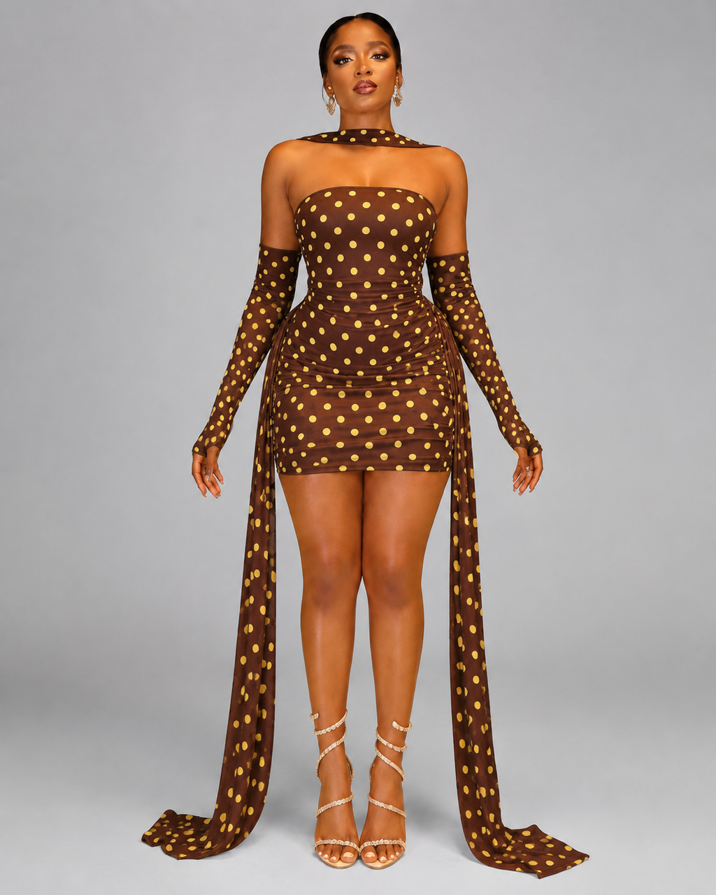 3-Piece Polka Dot Mesh Mini Dress Set - Strapless Bodycon Tube Dress With Matching Sleeves And Choker Neckband - Luxxella