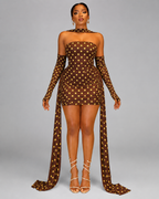 3-Piece Polka Dot Mesh Mini Dress Set - Strapless Bodycon Tube Dress With Matching Sleeves And Choker Neckband - Luxxella