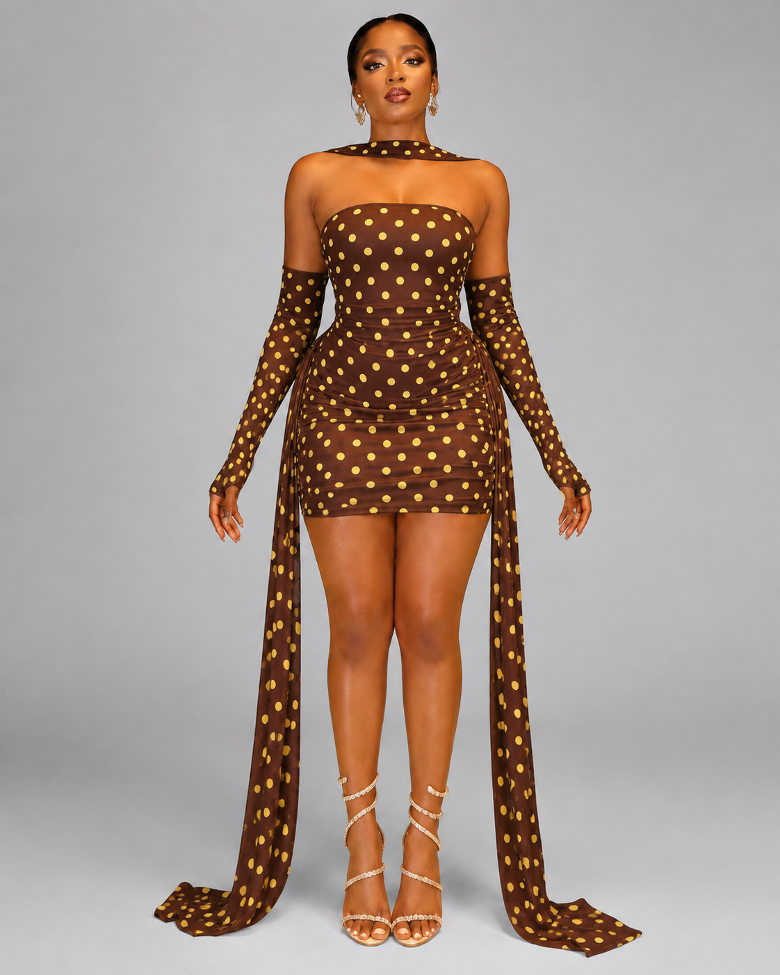 3-Piece Polka Dot Mesh Mini Dress Set - Strapless Bodycon Tube Dress With Matching Sleeves And Choker Neckband - Luxxella