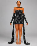 3-Piece Polka Dot Mesh Mini Dress Set - Strapless Bodycon Tube Dress With Matching Sleeves And Choker Neckband - Luxxella