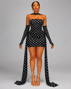 3-Piece Polka Dot Mesh Mini Dress Set - Strapless Bodycon Tube Dress With Matching Sleeves And Choker Neckband - Luxxella