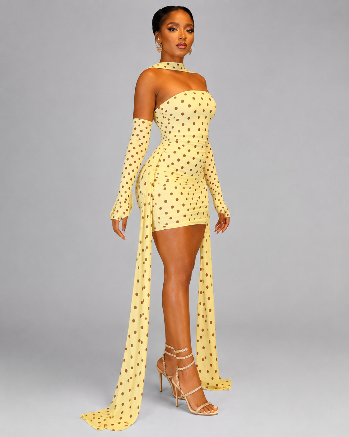 3-Piece Polka Dot Mesh Mini Dress Set - Strapless Bodycon Tube Dress With Matching Sleeves And Choker Neckband - Luxxella