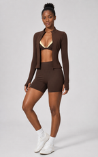 Damen 3-teiliges Nylon Yoga Workout Set – Jacke mit Reißverschluss, Sport-BH & High-Waist Athletic Shorts