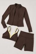Damen 3-teiliges Nylon Yoga Workout Set – Jacke mit Reißverschluss, Sport-BH & High-Waist Athletic Shorts