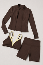 Damen 3-teiliges Nylon Yoga Workout Set – Jacke mit Reißverschluss, Sport-BH & High-Waist Athletic Shorts