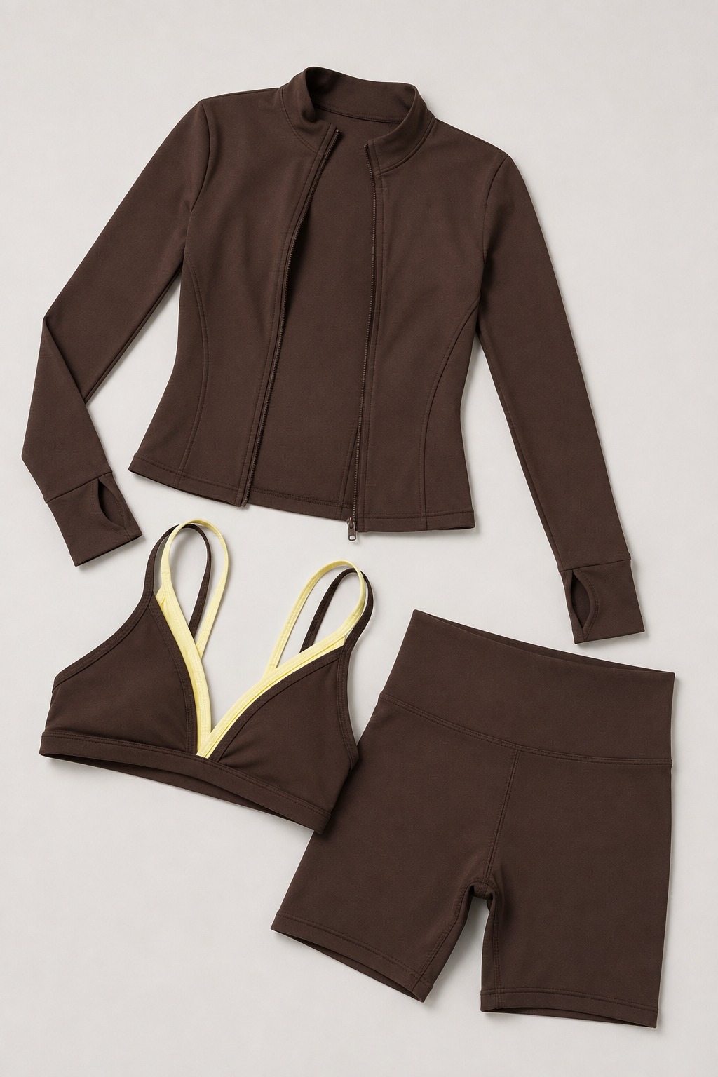 Damen 3-teiliges Nylon Yoga Workout Set – Jacke mit Reißverschluss, Sport-BH & High-Waist Athletic Shorts