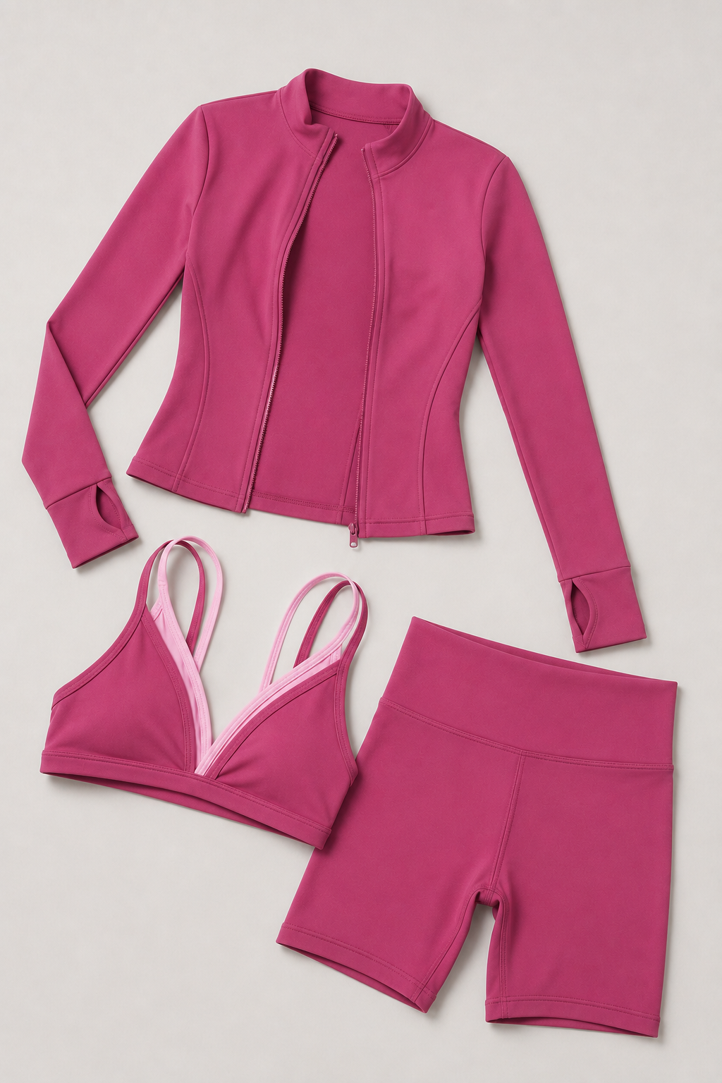 Damen 3-teiliges Nylon Yoga Workout Set – Jacke mit Reißverschluss, Sport-BH & High-Waist Athletic Shorts