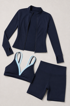 Damen 3-teiliges Nylon Yoga Workout Set – Jacke mit Reißverschluss, Sport-BH & High-Waist Athletic Shorts