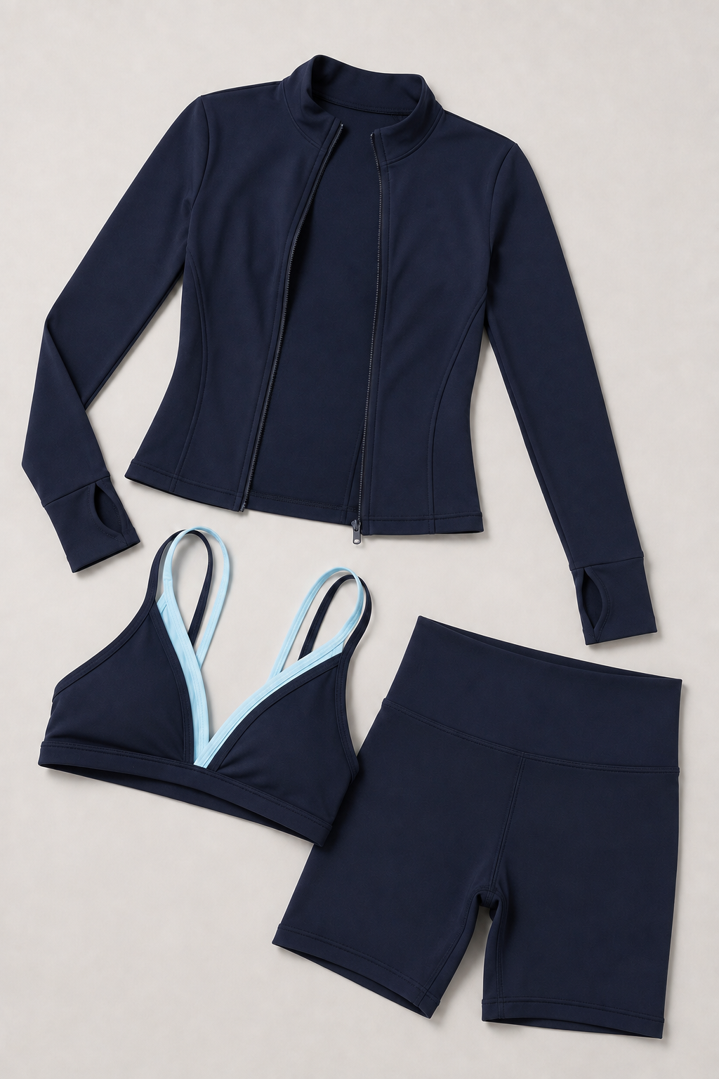 Damen 3-teiliges Nylon Yoga Workout Set – Jacke mit Reißverschluss, Sport-BH & High-Waist Athletic Shorts
