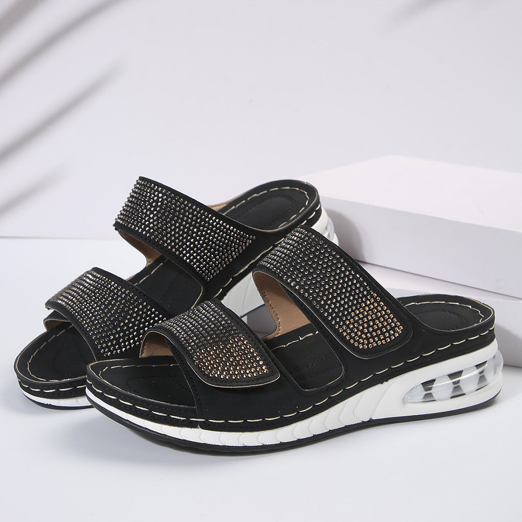 Rhinestone Wedge Slide Sandals – Comfortable Platform Open Toe Slides - Luxxella