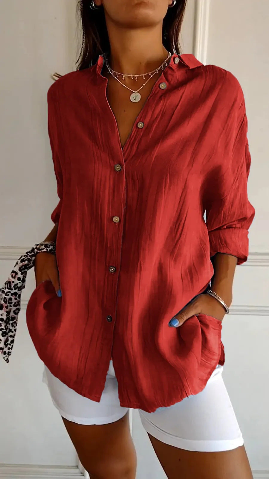 Pleated Long-Sleeve Shirt – Single-Breasted Lapel Top