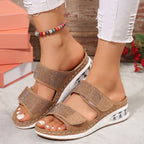 Rhinestone Wedge Slide Sandals – Comfortable Platform Open Toe Slides - Luxxella