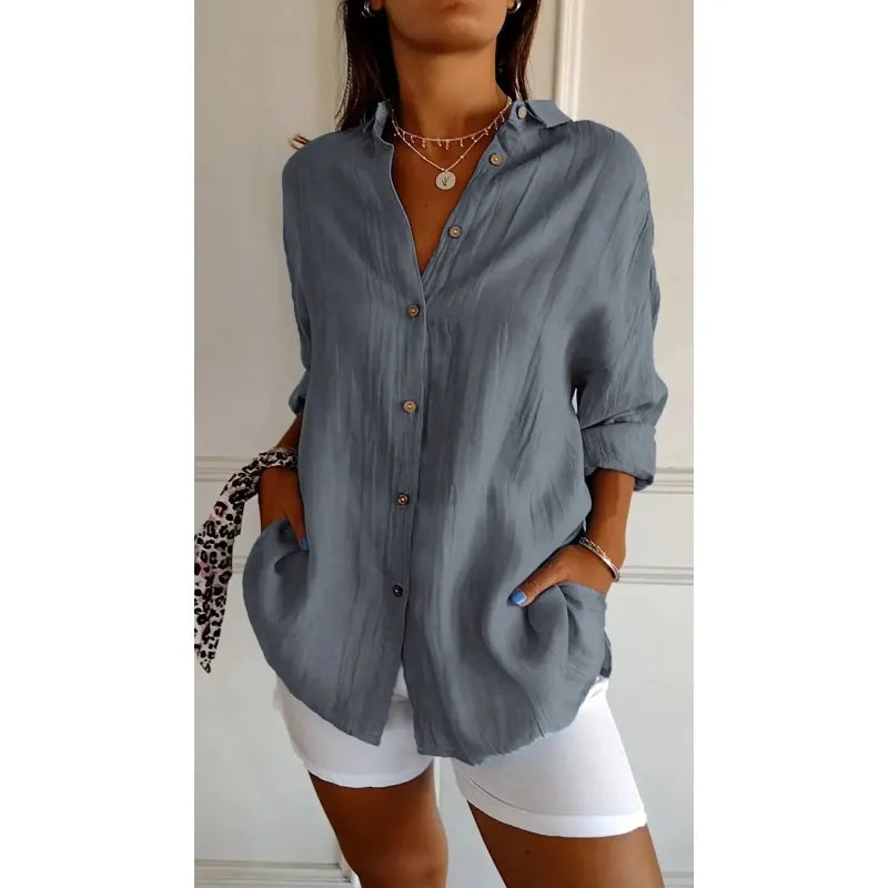 Pleated Long-Sleeve Shirt – Single-Breasted Lapel Top