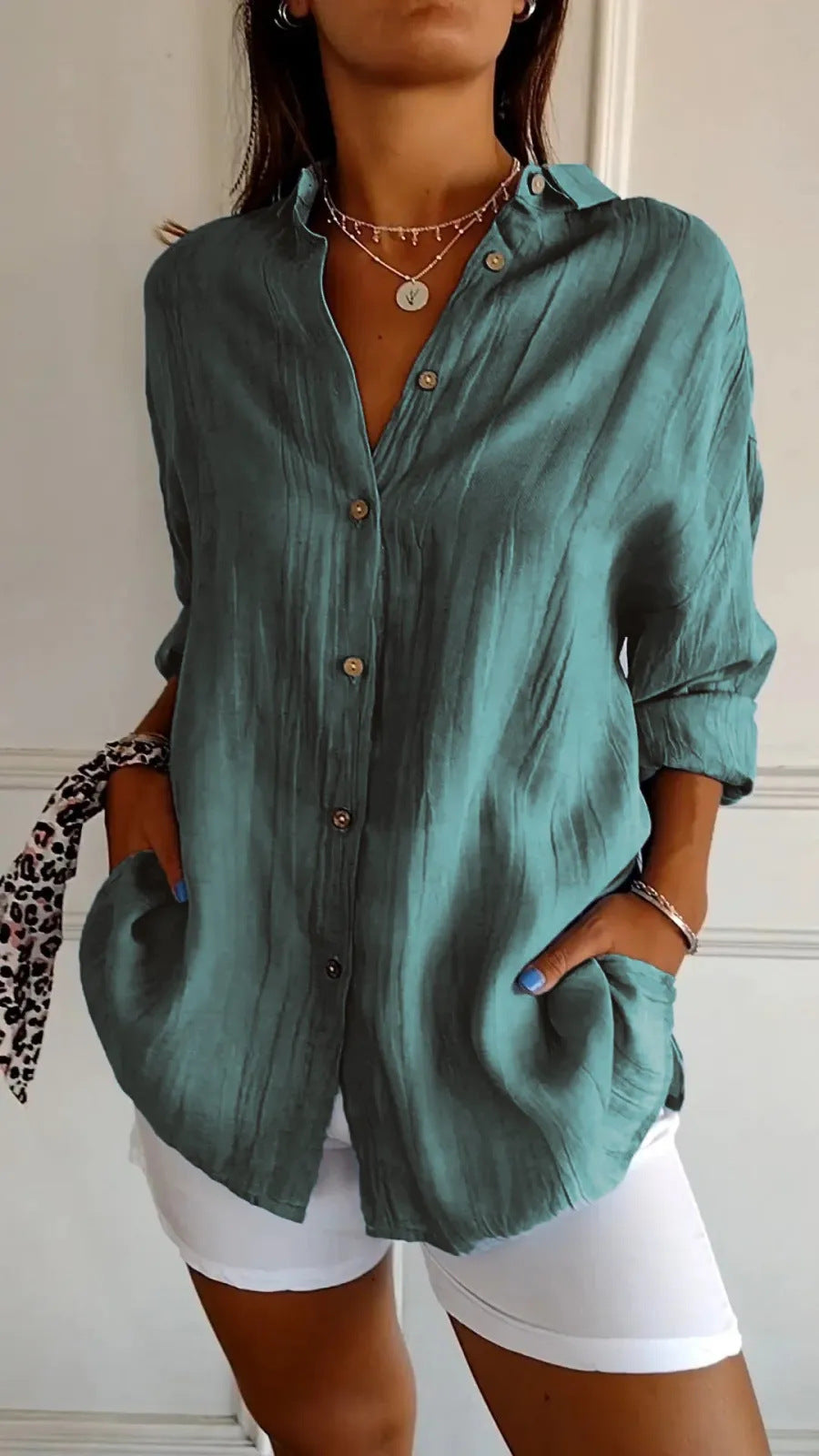 Pleated Long-Sleeve Shirt – Single-Breasted Lapel Top