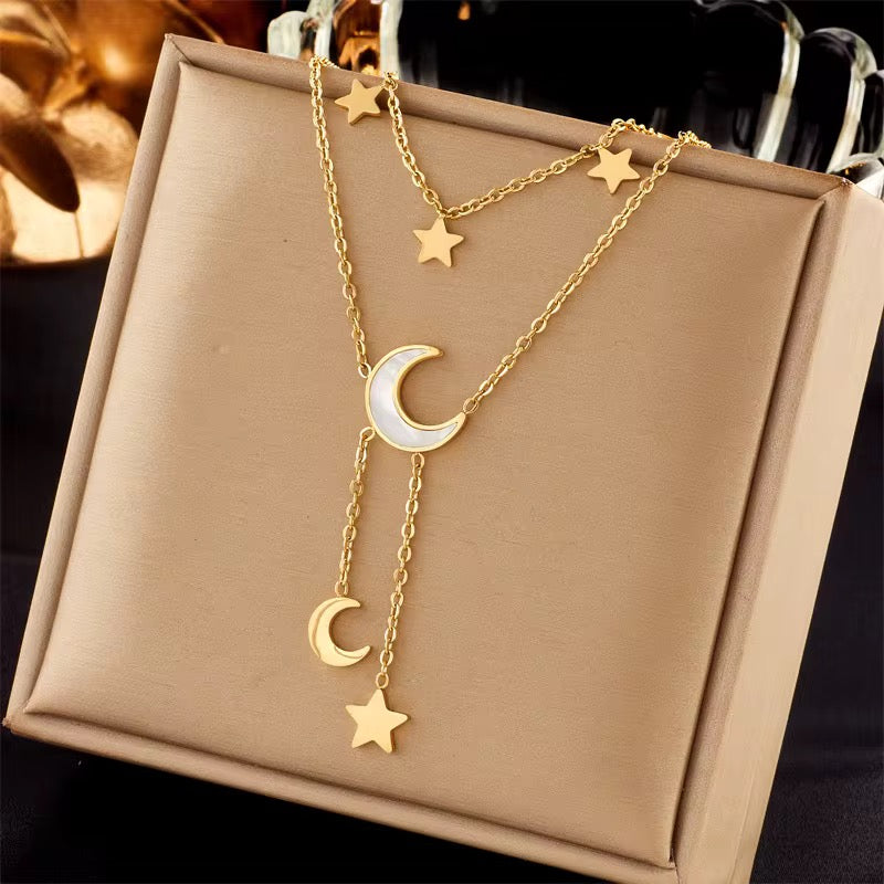 Moon and Stars Necklace – Gold Layered Astrology Chain Jewelry - Luxxella