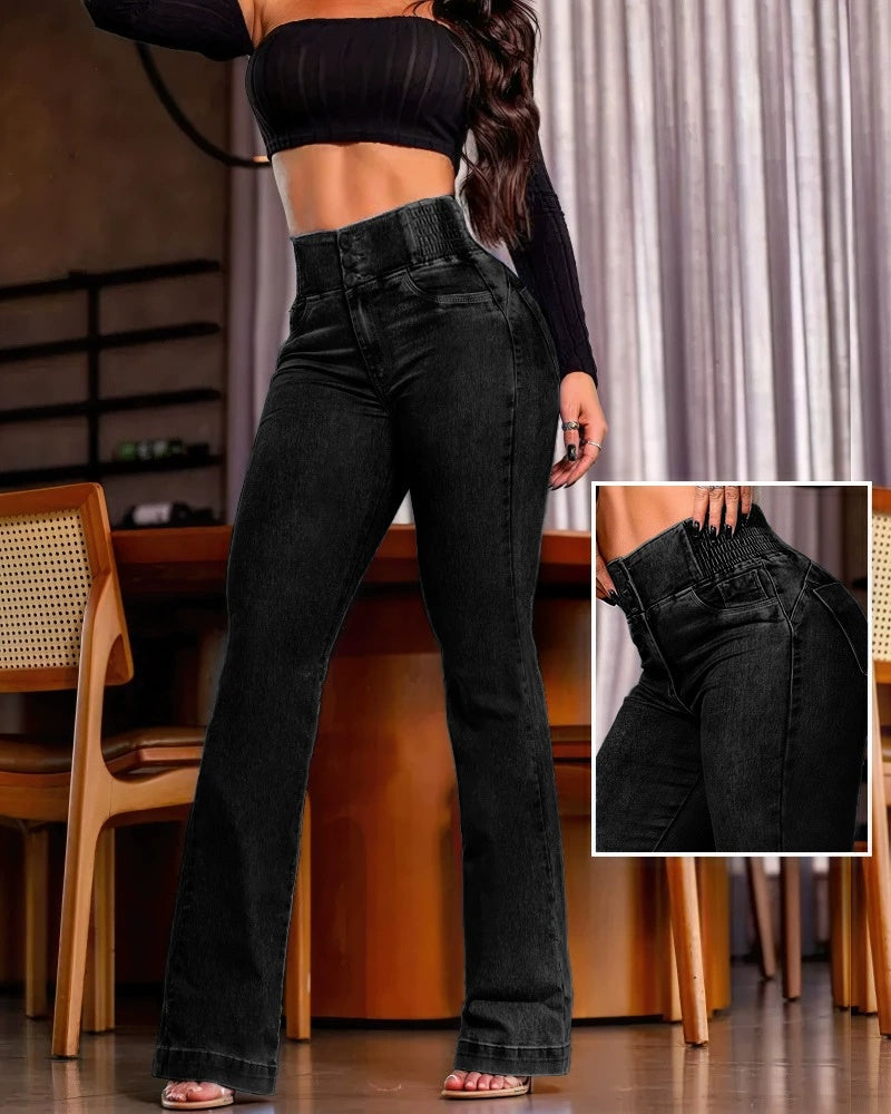 High-Waist Jeans – Button Front with Back Shirred Detail, Elegant Casual Fit