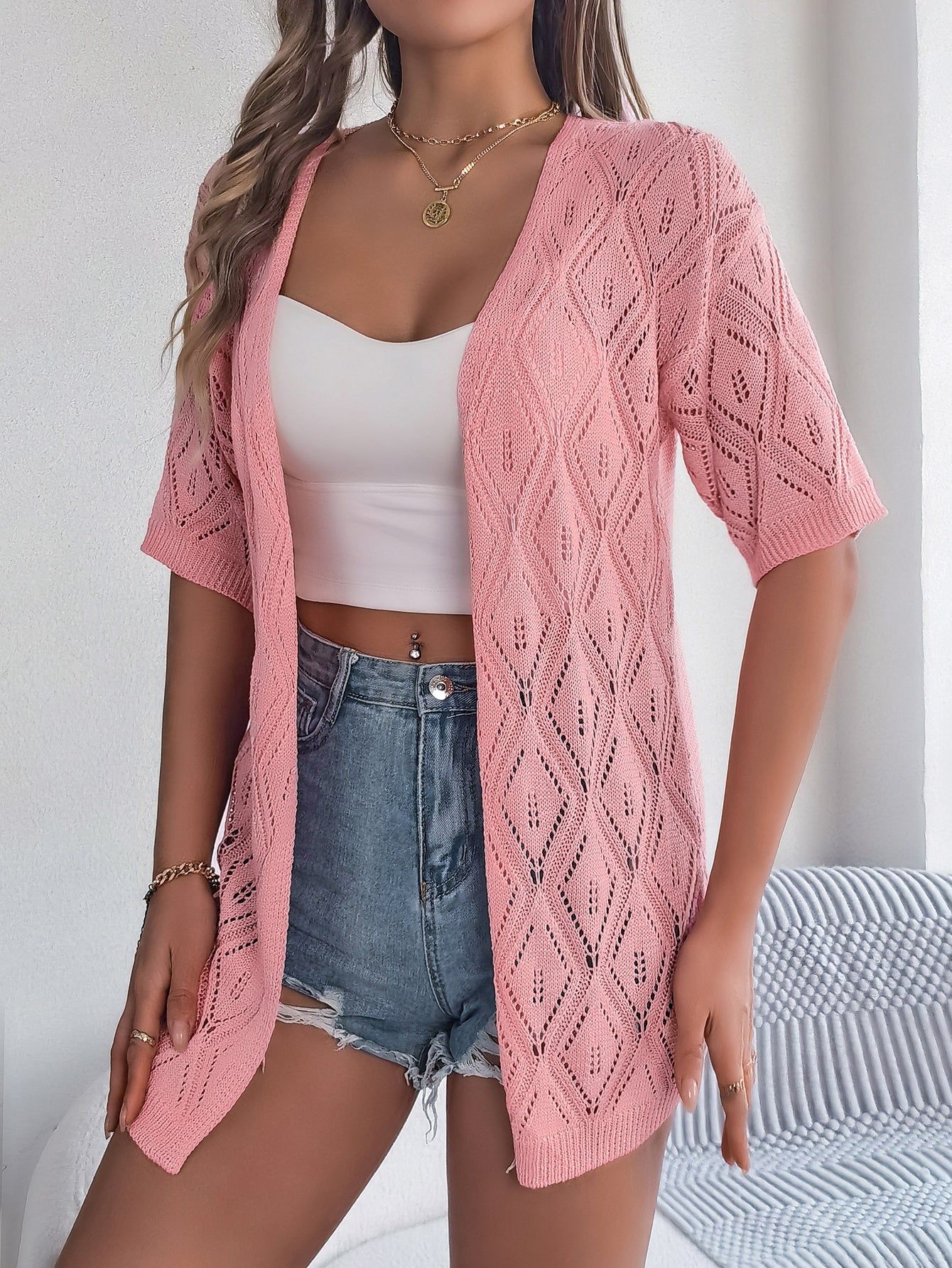 Open Front Crochet Knit Cover Up – Short Sleeve Beach Cardigan - Luxxella