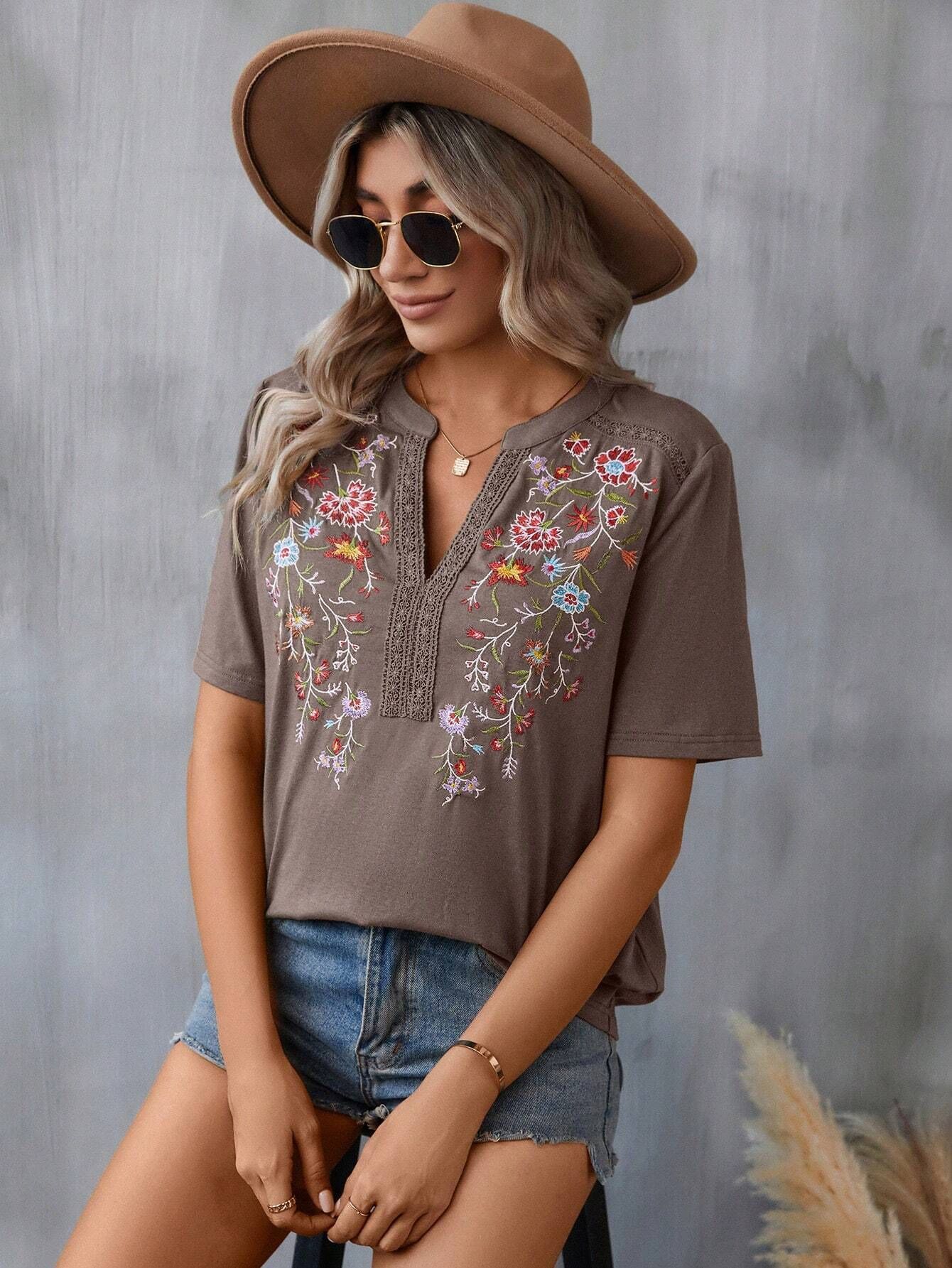 Floral Embroidered Blouse – Short Sleeve V Neck Summer Top - Luxxella